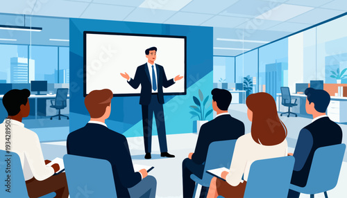 Modern conference room with presenter addressing audience. Audience attentively listens to business presentation. Presenter gestures confidently, engaging all participants