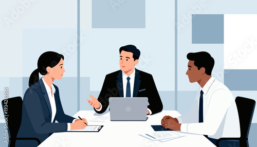 Three professionals meet at a sleek conference table. One gestures while speaking, showing focus and confidence. Another takes notes, showing engagement and attentiveness. The third listens intently