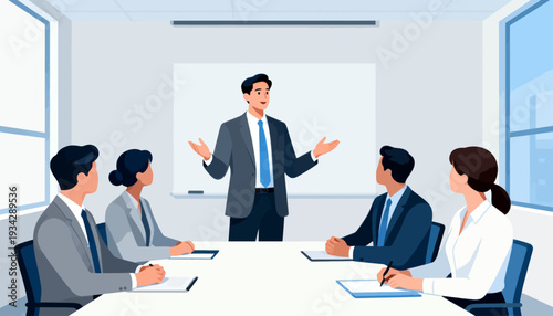 Professional man presents ideas to focused team members. Everyone listens attentively, showing engagement and interest. Modern conference room features clean lines and natural light