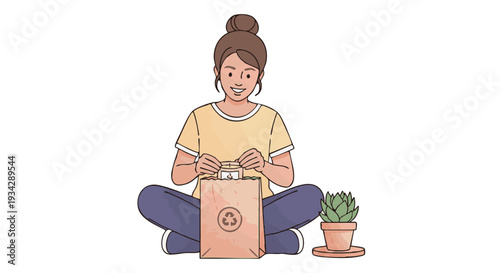 vector illustration of a entrepreneur placing product inside eco friendly reusable packaging bag