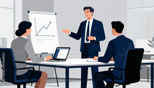 Professional man leads business presentation. Two colleagues listen attentively at conference table. Graph on board shows upward growth trend. Modern office setting with clean, minimal design