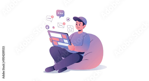 vector illustration of a entrepreneur holding tablet with abstract content layout blocks (Social Media Scheduling)