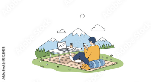 Flat 2D illustration of a person working remotely on a laptop in a serene outdoor setting with mountains and a blanket.