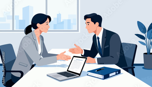 Professional meeting takes place in a modern office setting. Two individuals engage in focused conversation across a sleek desk. Laptop and documents suggest business negotiation or planning