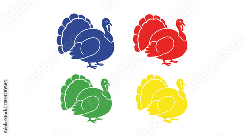 Four colorful turkeys standing side by side in vibrant hues