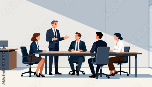 Modern boardroom meeting with five professionals. One man stands, gesturing as he speaks. Others sit, attentive and engaged. Minimalist design, clean lines, neutral tones