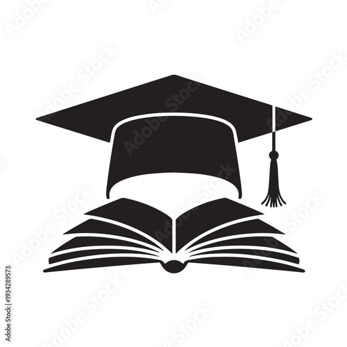 Academic graduation cap and open book icon symbolizing education, knowledge, learning, and graduation ceremony for university, college, and school achievement.