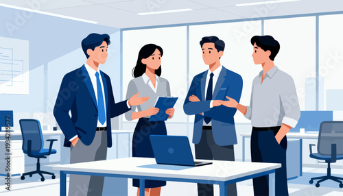 Professional team discusses strategy in modern office setting. Members engage with laptops and tablets during focused meeting. Collaboration is evident through attentive postures and gestures