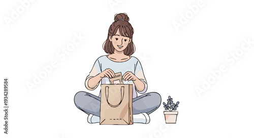 vector illustration of a entrepreneur placing product inside eco friendly reusable packaging bag