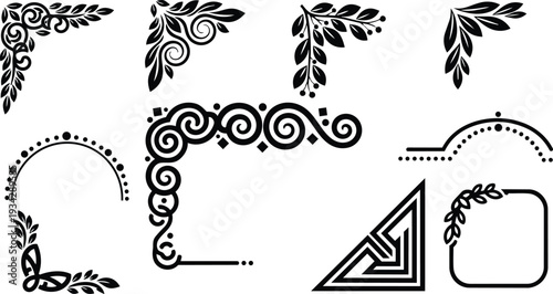 Ornate black corner frames and decorative border elements in minimalist vector art set showing floral swirls laurel corners rounded square frame triangular maze angle close up