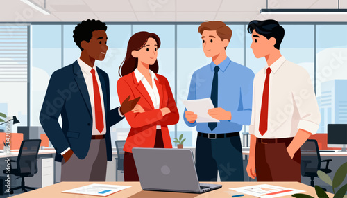 Four professionals gather around a desk in a bright office. They discuss documents, showing focused engagement. One person gestures, others listen attentively