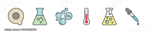 Science laboratory equipment icons illustrating various chemistry and biology tools and concepts essential for experiments and research.