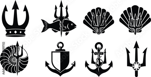Minimalist icon of nautical tridents anchors shells and fish in flat vector art arranged in two rows bold silhouette black isolated centered view front simple clean