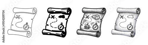 Four distinct styles of old treasure maps, each featuring a compass and X mark the spot for hidden treasure.