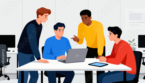 Four colleagues gather around a laptop at a modern desk. One man stands, gesturing as if explaining a point. Others lean in, showing focused interest. The scene suggests teamwork, collaboration