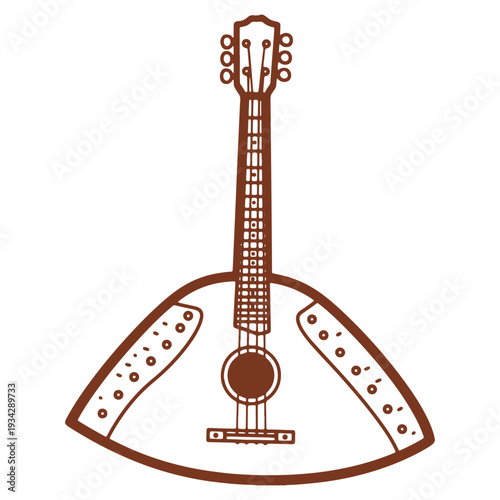Traditional balalaika instrument with triangular body and strings for folk music performances and cultural celebrations in brown drawing