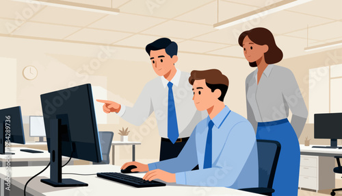 Three professionals collaborate in a bright office. One points at a screen, guiding the team. Another types, focused on the task at hand. The third observes, listening intently