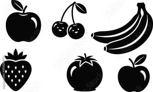 Minimalist flat design fruit icon set close up six item black apple cherry banana strawberry tomato apple cluster on white background clean vector art