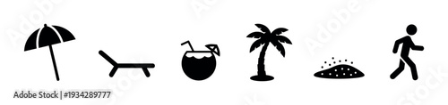 Beach vacation icons set displaying essential elements for a relaxing tropical holiday experience and travel.