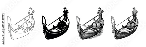 Gondola with gondolier illustrations showcasing the classic boat and its operator in diverse artistic styles.
