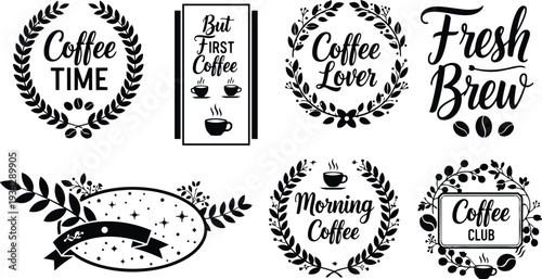 Minimalist black coffee badge set with laurel wreath cups beans ribbons rectangular labels eight variations flat vector art close up centered layout vintage style collection mockup