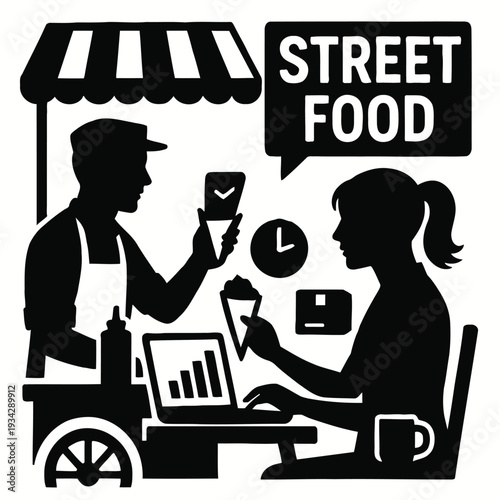 A stylized black and white illustration depicts street food vendors and a customer dining