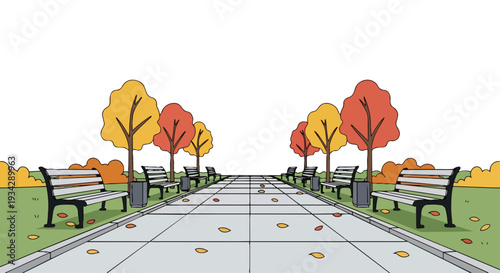 Flat 2D illustration of an empty urban city park pathway with benches and autumn trees on a white background.