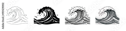 Ocean waves vector illustrations in various artistic styles depicting powerful sea water movement and energy.