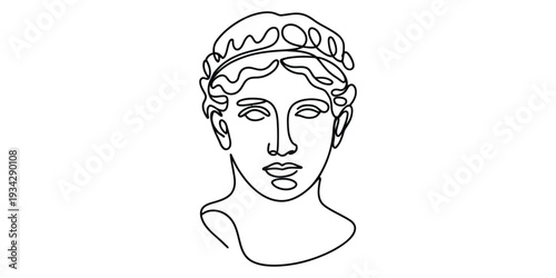 Minimalist continuous line drawing of ancient greek goddess portrait