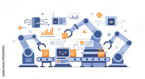 Industry 4.0 Smart Factory Automation: Robotic Arms and AI Control on Manufacturing Assembly Line with IoT and Data Integration.
