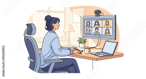 A woman sits at a desk with a laptop and monitor displaying a video conference, in a remote work setting with a flat 2D illustration style and a modern lifestyle vibe.