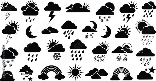 Minimalist vector weather icon set grid with sun cloud rain snow lightning moon rainbow in black silhouettes consistent stroke style flat simple uniform rows columns editable