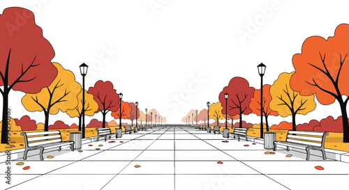 Flat 2D illustration of an empty urban city park pathway with trees and benches in autumn colors