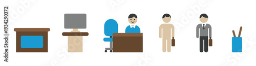 Collection of various office and business related flat design icons depicting common workplace elements and professionals.