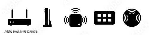 Wireless network devices and internet connection icons collection for modern communication technology and digital connectivity.