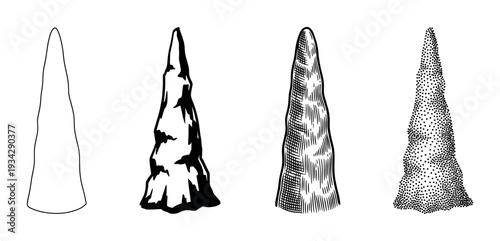 Stylized rock formation illustrations depicting various artistic rendering techniques in black and white.