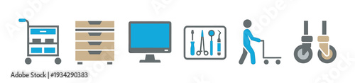 Medical and professional equipment icons collection showcasing essential tools for healthcare and office settings.