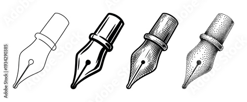 Four different styles of ink pen nib illustrations, including outline, solid, hatched, and stippled designs.