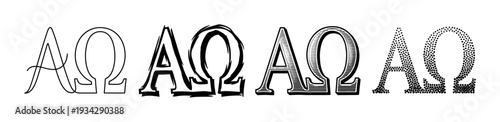 Alpha Omega symbols displayed in various artistic styles and textures, showcasing diverse graphic design elements for creative projects.