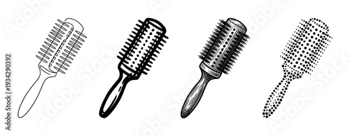 Hairbrush illustrations showcase various artistic styles including minimalist line art, bold sketch, detailed engraving, and halftone dot patterns.