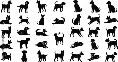 Minimalist vector dog silhouette set diverse puppy poses sitting standing running sleeping playing walking jumping barking in grid layout black icons pet design svg png mockup