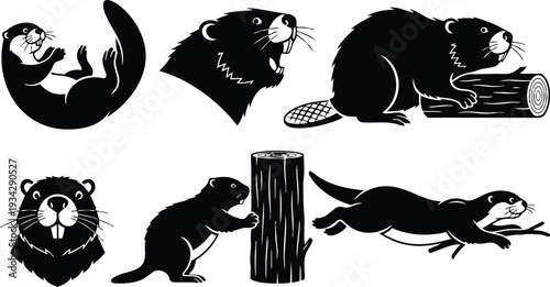 Black silhouette vector art beaver and otter icon set showing playful swimming otter running leaping otter beaver chewing log headshot profile and decorative minimalist flat badge