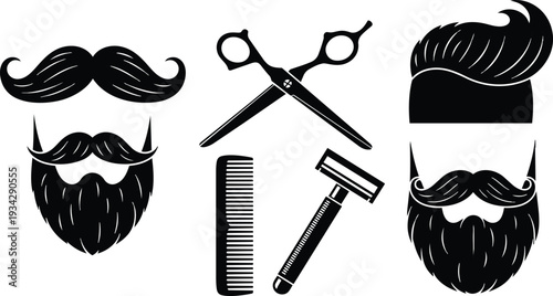 Minimalist vector barber icons set close up beard and mustache faces with crossed scissors comb and razor flat design black silhouette on white background studio illustration