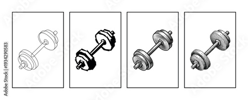 Four different stylized illustrations of a dumbbell showcasing various artistic techniques for fitness and strength training concepts.
