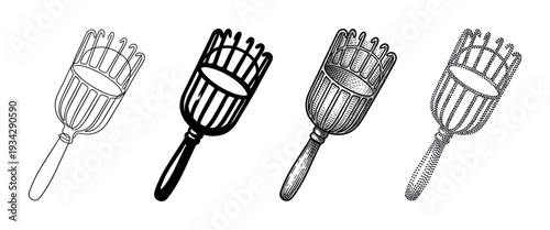 Fruit picker tool collection featuring various artistic styles, perfect for illustrating gardening and harvesting concepts.