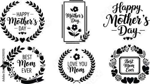 Monochrome vector wreath badge set with floral laurel hearts ribbon script lettering six mothers day labels in flat design for greeting cards social media mockup print