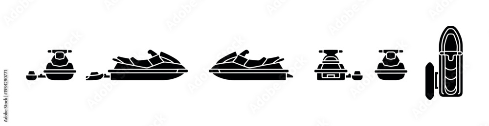 Naklejka premium Jet skis and personal watercraft icons collection depicting various angles of modern water sports equipment.