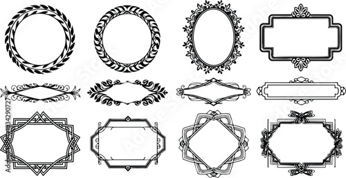 Vintage ornamental frames set twelve decorative border designs in black line art various oval round rectangular and geometric shapes close up symmetrical elegant vector minimalist isolated