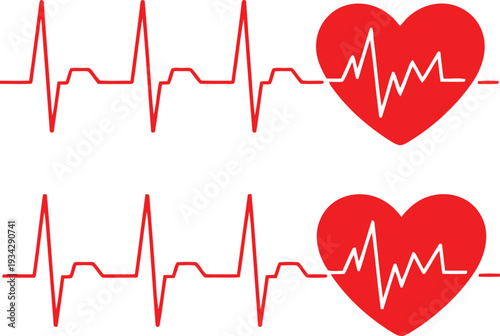 Two hearts connected by synchronized heartbeat lines in vibrant red