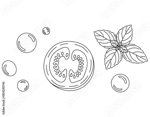 Minimalist line art illustration of a fresh tomato slice with basil leaves and water droplets, concept of organic vegetables, healthy eating, and fresh food ingredients.